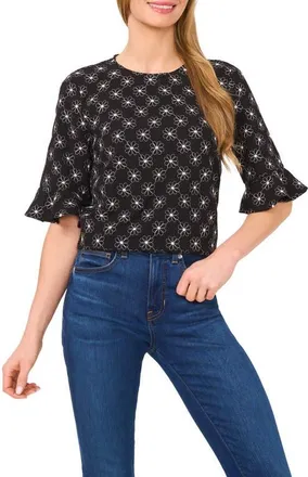 CeCe by Cynthia Steffe Floral Embroidered Ruffle Cuff Top in Rich Black at Nordstrom, Size X-Small