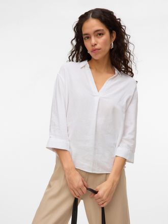 Vero Moda Shirtbluse VERO MODA VMLINN 3/4 TOP WVN GA NOOS, Damen, Gr. XL, weiss (snow wei&szlig;), Web, Obermaterial: 55% Leinen, 45% Viskose, unifarben, loose fit Po