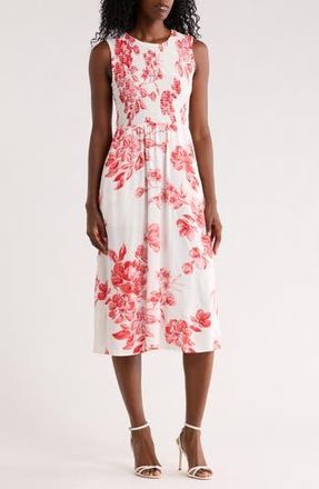 Calvin Klein Smocked Sleeveless Midi Dress in Ginger/White at Nordstrom Rack, Size 12