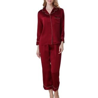 Dissa Women Burgundy Plain 100% Silk Pajama Set Top and Capri Pants Sleepwear 19 Momme Silk Long Sleeve Sleepwear,XXL,T8002