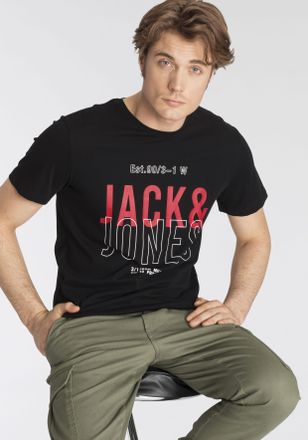 Jack & Jones T-Shirt JACK & JONES JCOKOMPO Kurzarm-Design mit Print und optimaler Passform, Herren, Gr. XXL, schwarz, Single Jersey, Obermaterial: 100% Baumwolle, 