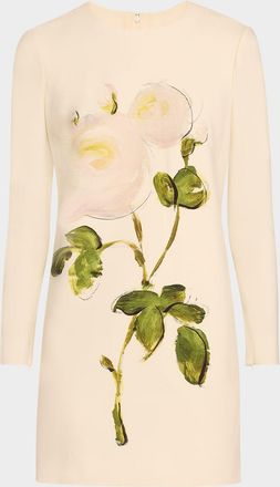 Oscar De La Renta Long-Sleeve Painted Roses Wool Mini Dress