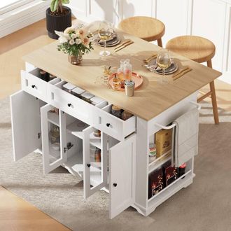 Merax Rolling Kitchen Island Storage Trolley with Glass Doors & 3 Drawers in White