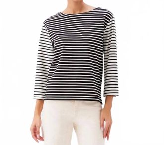 Karen Kane Contrast Stripe Cuffed Sleeve Top In Black With Ivory