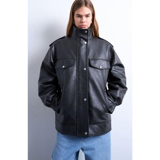 Topshop Oversize Faux Leather Jacket in Black at Nordstrom, Size X-Small