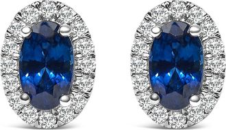 House of Brilliance 10K White Gold 5x3 MM Oval Cut Birthstone and Diamond Halo Stud Earrings in Blue Sapphire at Nordstrom