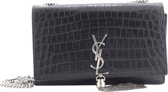 Saint Laurent Black Croc-Embossed Leather Classic Monogram Tassel Crossbody Medium (Authentic Pre-Loved)