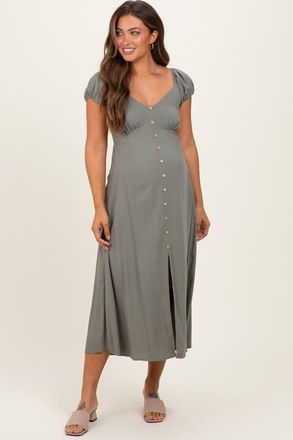 Pinkblush Button Accent Front Slit Midi Dress in Olive Green at Nordstrom, Size Medium