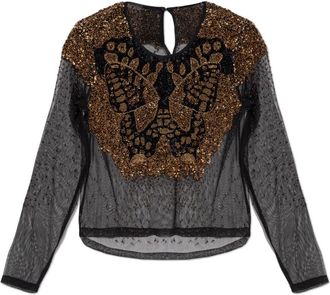 AllSaints Greta Butterfly Embellished Top - Dames - Blouses - Zwart - S - Polyester - Overhemden
