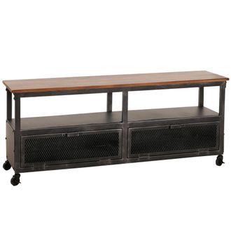 Hhg Hhg - Tablero Bajo 079, Soporte Tv, Ruedas 2 Compartimentos, Estructura 3d Metal Retro Industrial Madera 55x130x36cm, Negro, Marr&oacute;n
