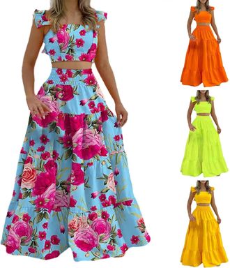 Generic Two Piece Dress Suits for Women UK Elegant Frill Sleeve Crop Top and Elastic Waist Sexy Swing Skirt Fashion Casual Long Skirt Set Summer Floral Maxi D
