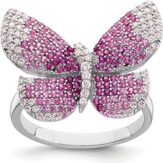 Diamond2Deal Sterling Silver Rhodium-plated Polished Pink Cubic Zirconia Butterfly Ring