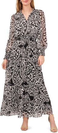 Chaus Smocked Waist Long Sleeve Tiered Midi Dress in Black/white at Nordstrom, Size X-Large
