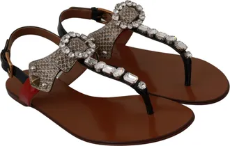 Dolce & Gabbana Womens Leather Ayers Crystal Sandals Flip Flops Shoes Brown