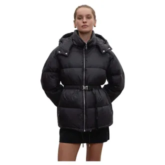 Estro & Luminara Jassen, Dames, Zwart, M, Polyester, Heuplange donsjas met riem