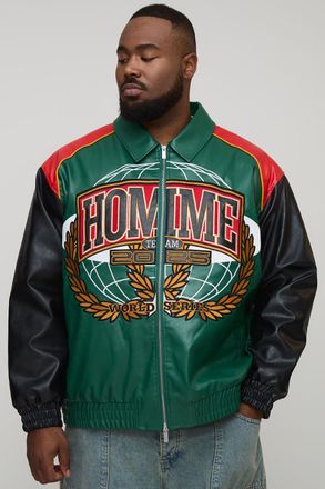 Boohooman Mens Plus Oversized Fit Homme Applique PU Collared Bomber Jacket - Forest Green - Size 3XL