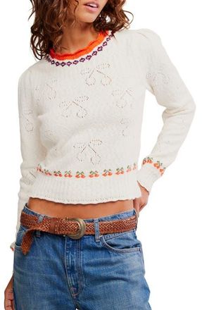 Free People Tilly Cherry Pointelle Knit Crop Sweater in Coconut Milk Combo at Nordstrom, Size X-Small