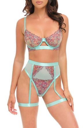 Oh l&agrave; l&agrave; Ch&eacute;ri Adaline Embroidered Mesh Underwire Bra & Thong with Garter Straps Set in Lily Pond/Mojito at Nordstrom, Size X-Large