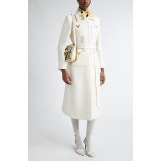 Valentino Garavani V-Detail Belted Virgin Wool & Silk Drill Coat in Avorio at Nordstrom, Size 6 Us