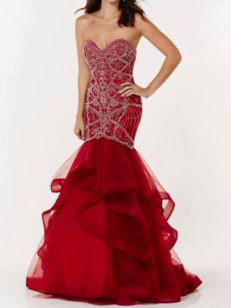 Alyce Paris Strapless Tulle Ruffled Mermaid Gown In Claret