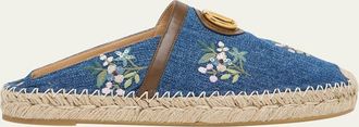 Valentino Garavani VLogo Floral-Embroidered Denim Espadrille Mules