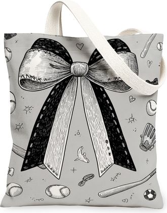 Generic Bow Design Canvas Tote Bags, Stylish Ribbon Pattern Reusable Grocery Bags, Vintage Lightweight Washable Shoulder Strap for, Gray, 13x15 Inch
