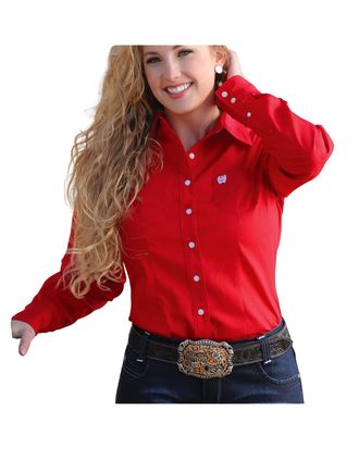 Cinch Womens Solid Long Sleeve Shirt Button, Red, X-Large