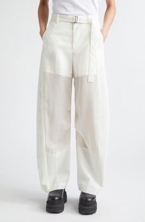 sacai Belted Wool Suiting & Satin Barrel Leg Pants in Off White at Nordstrom, Size 0
