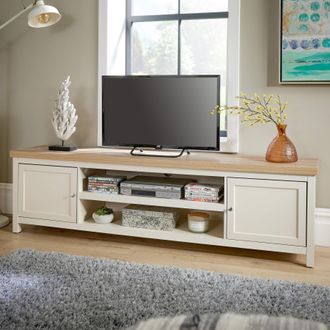 Home Source Industries 2 Door TV Stand Unit with Storage Cabinet & Open Shelving in Off-White