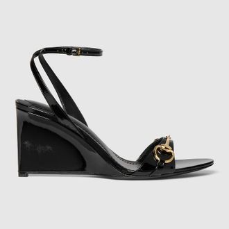 Gucci Womens Donna Wedge Sandal, Black, Leather