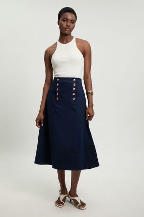 Karen Millen Womens Cotton Tailored Button Detail Midi Skirt - Navy - Size 12 UK