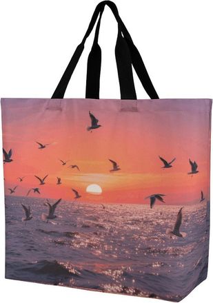 Generic Sunset Seagulls Shoulder Bag Foldable Women Handbag Durable Shoulder Bags For Picnic Beach Work