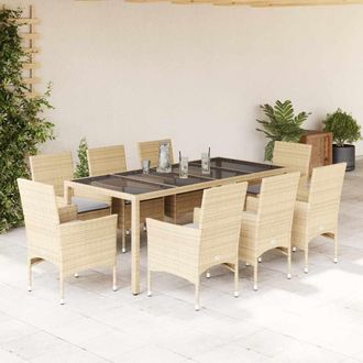 vidaXL Set Comedor Jard&iacute;n 9 Pzas Cojines Rat&aacute;n Sint&eacute;tico Vidrio Beige Vidaxl