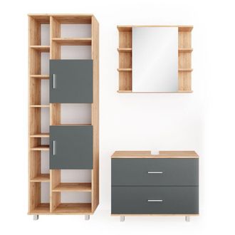 Vicco Conjunto De Muebles De Ba&ntilde;o Ilias, Antracita/roble Dorado, 3 Partes, Con Mueble Alto