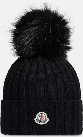 Moncler WOMENS ARCHIVE LOGO BOBBLE HAT Size: OS, colour: BLACK