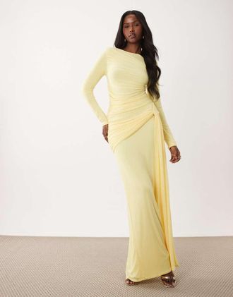 Asos Vestito lungo senza maniche color limone con corpino arricciato-Giallo