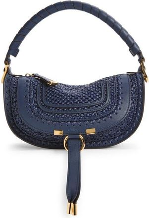 Chlo&eacute; Mini Marcie Raffia Effect Shoulder Bag in Parisian Night at Nordstrom