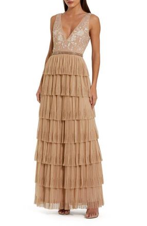 Mac Duggal Floral Beaded V Neck Tiered Ruffle Mesh Gown in Beige at Nordstrom, Size 10