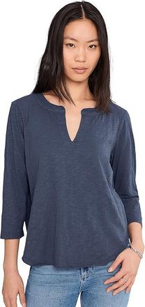 Mod-o-doc 3/4 Sleeve Split Neck Mandarin T-Shirts Womens Clothing Sailor Blue : LG (US 12-14), Cotton