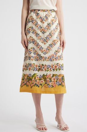 Farm Rio Floral Linen Midi Skirt in Sand at Nordstrom, Size Xx-Small