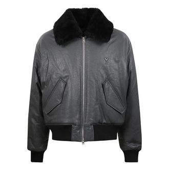 Ami Leren bomberjack met bontkraag - Heren - Bomber jackets - Grijs - S - Jassen