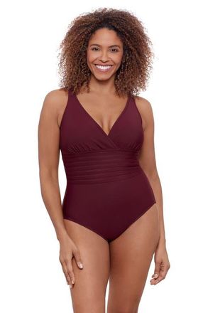 Aqua Green Full Coverage Surplice Trim Overlay V-Neck One-Piece Swimsuit in Currant at Nordstrom, Size X-Large