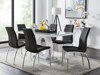 Furniturebox Giovani 6-Seater Grey Glass Dining Table & 6 Isco Faux Leather Dining Chairs in Black