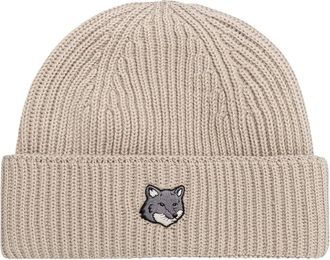 Maison Kitsun&eacute; Fox Head Large Beanie - Heren - Accessoires - Beige - Maat: ONE Size Wol