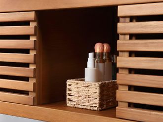 Vente-Unique Mueble de ba&ntilde;o suspendido de madera de acacia con doble lavabo - 130 cm - PENEBEL