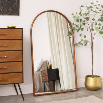 Melody Maison Large Walnut Wooden Framed Arched Leaner Mirror - 90cm X 158cm in Brown | Size: 90 cm X 158 cm