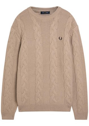 Fred Perry Logo Cable-knit Wool-blend Jumper - Cream - Xxl