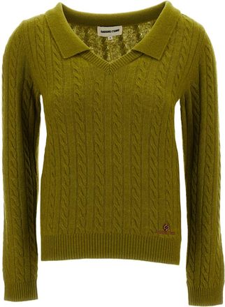 Shushu/Tong Green V-Neck Chelsea Collar Cable Knit Wool-Lyocell Sweater