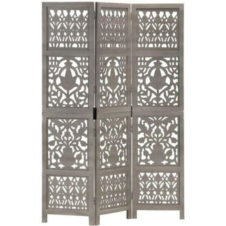 vidaXL Biombo 3 Paneles Tallado A Mano Madera De Mango Gris 120x165 Cm Vidaxl