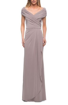 La Femme Ruched Jersey Long Gown with V-Neckline in Silver at Nordstrom, Size 20